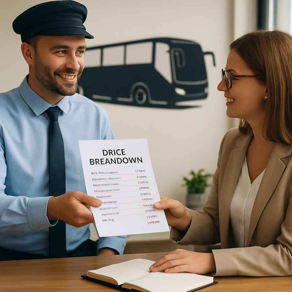 A friendly driver handing a detailed price breakdown to a planner in an office, with a bus silhouette in the background. Alt: hire a bus with driver pricing transparency illustration.