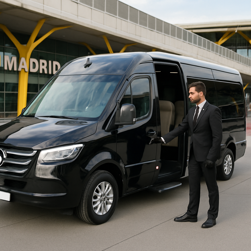 A well-dressed chauffeur opening the door of a luxury minibus at Madrid Barajas airport terminal. Alt: Luxury minibus with driver ready for airport transfer at Madrid Barajas airport.