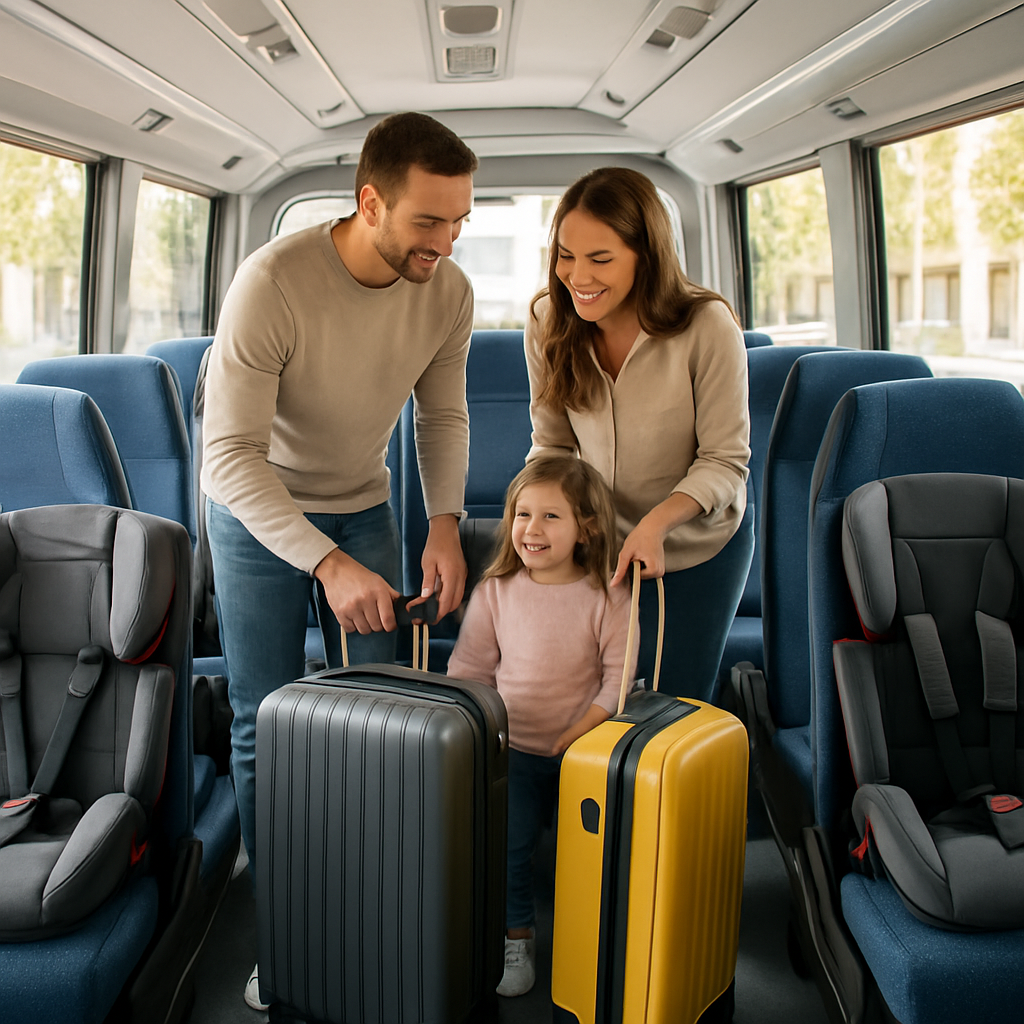 A bright, spacious Madrid minibus interior showing adult seats, child seats, and a happy family loading their luggage. Alt: Madrid minibus with child seats hire interior view showing safe child seats and happy passengers.