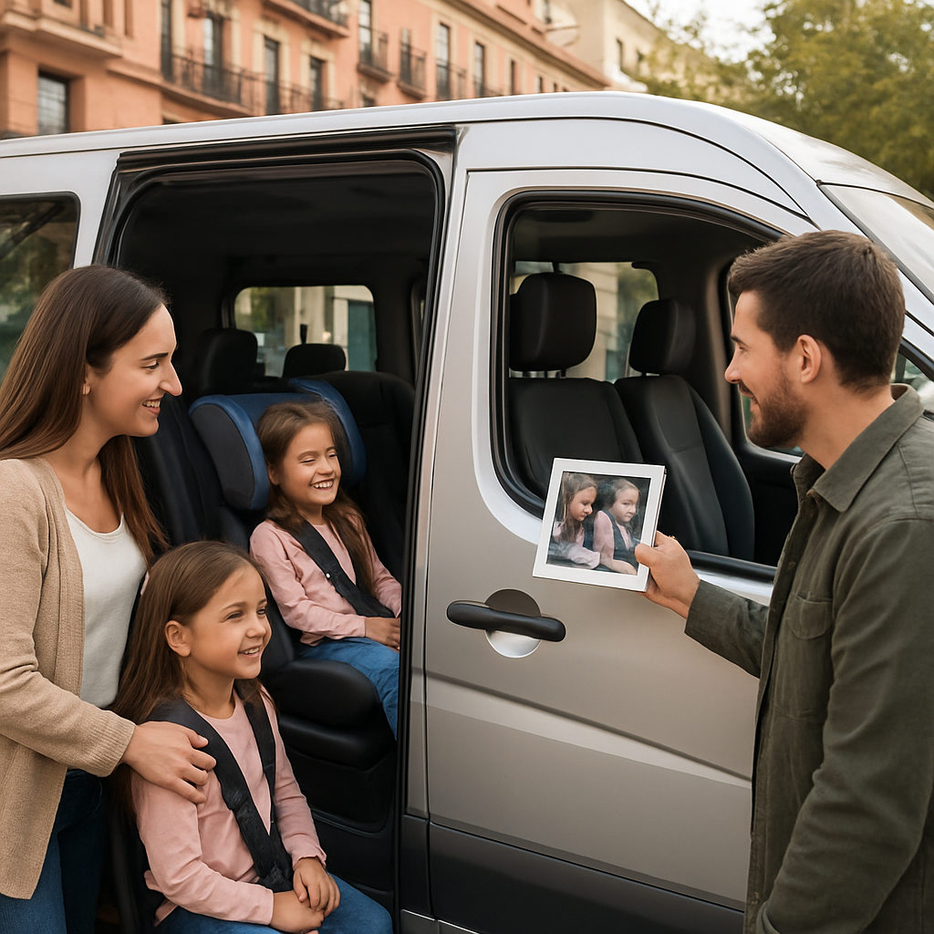 A family loading a modern minibus in Madrid, driver showing a photo of installed child seats, kids smiling in secure seats. Alt: madrid minibus with child seats hire safety check before departure