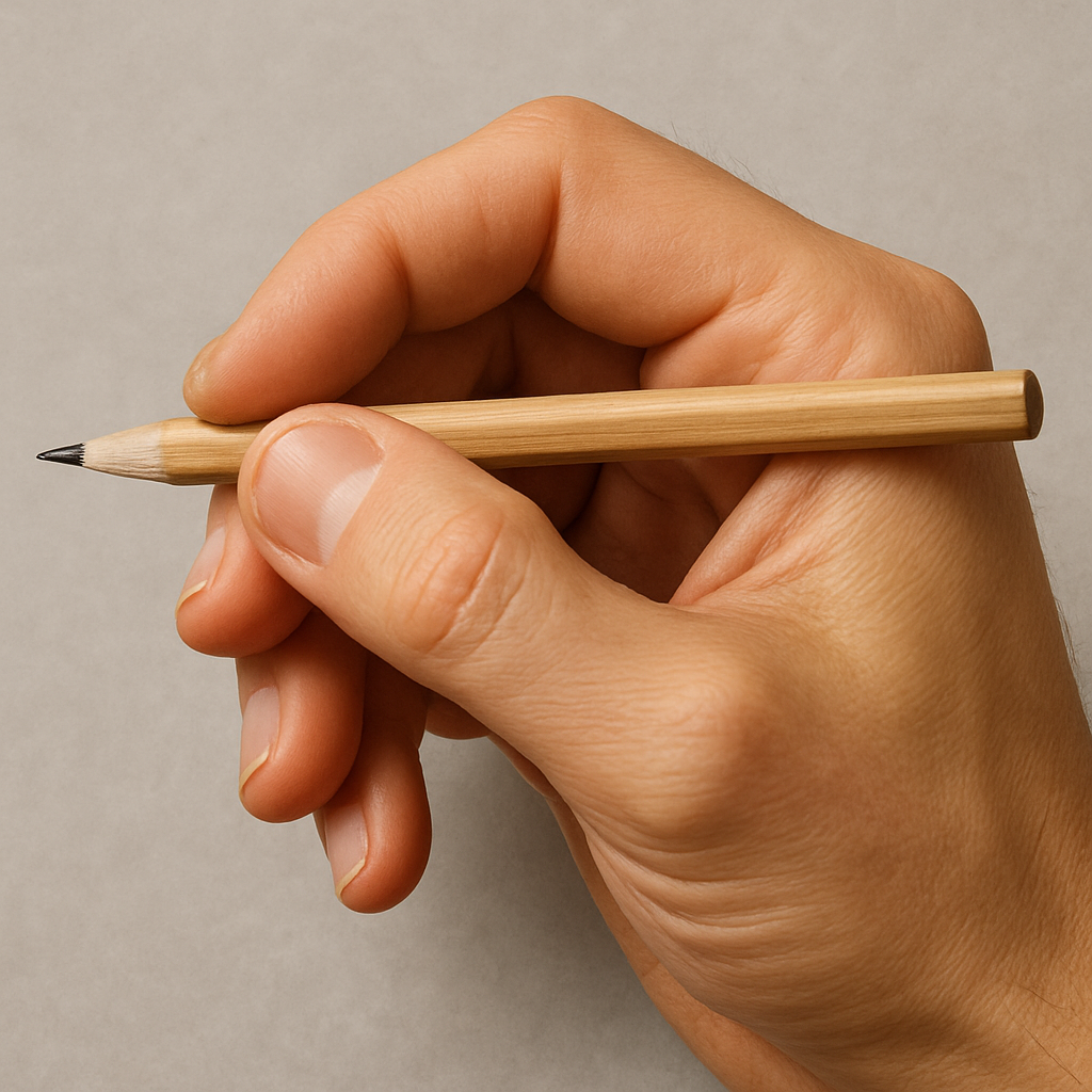 Close-up of a hand holding a pencil in the tripod grip, showing thumb, index and middle finger position. Alt: how to hold a pencil for drawing tripod grip