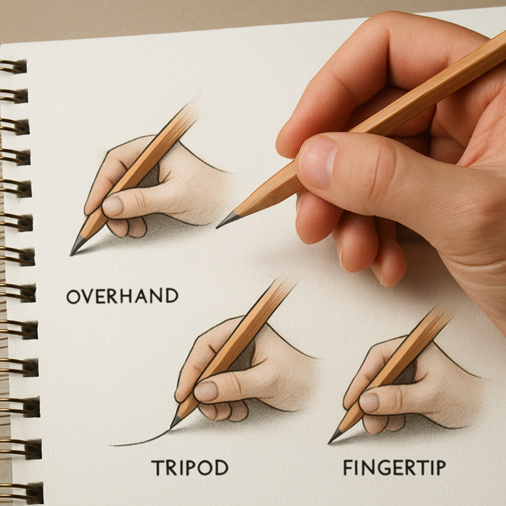 A hand demonstrating the three grip styles (overhand, tripod, fingertip) on a sketchbook, showing smooth line transitions. Alt: Practice exercises for how to hold a pencil for drawing