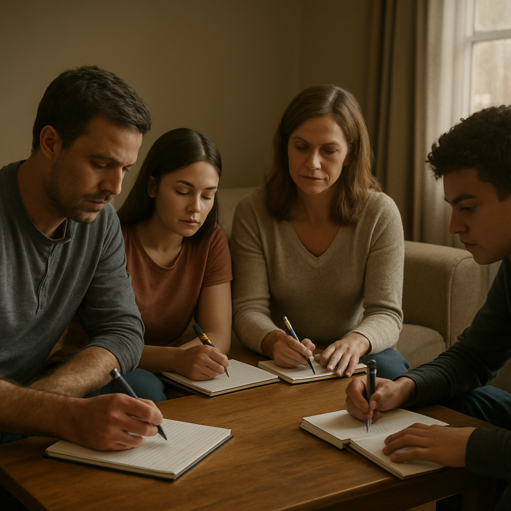A photorealistic scene of a family gathered around a modest living room table, notebooks open, soft evening light filtering through a window, showing a calm, supportive atmosphere for an intervention planning meeting. Alt: Gather information for an intervention, family members taking notes together in a realistic setting.