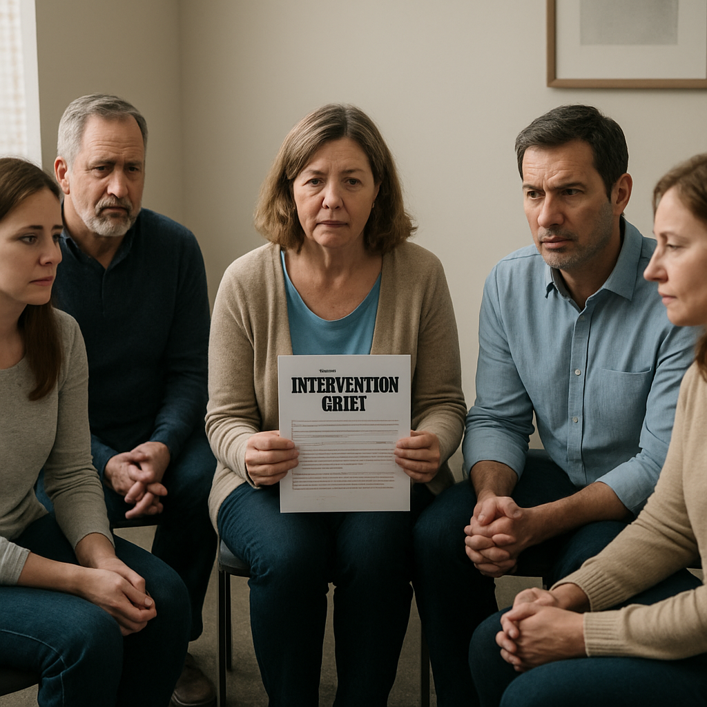 A photorealistic scene of a small, neutral meeting room with a circle of supportive family members holding a printed intervention brief, soft natural lighting, showing calm focus. Alt: Family conducting an intervention in a realistic setting.