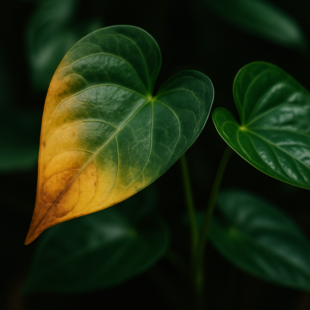 Close-up of an anthurium leaf showing yellowing tips and healthy new growth nearby. Alt: Anthurium yellow leaves with healthy green foliage illustrating early signs of stress.