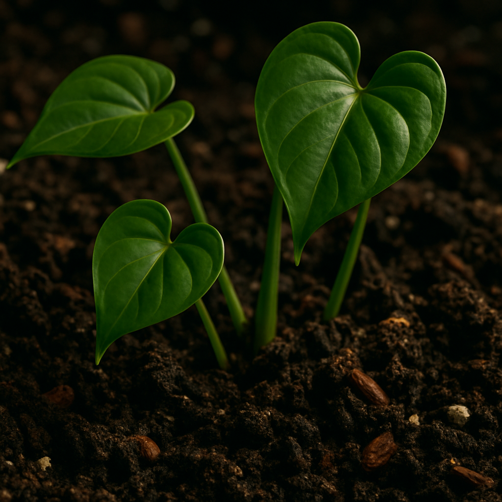 A close-up image showing rich, well-draining soil mix with healthy green anthurium leaves emerging. Alt: Close-up of nutrient-rich, well-aerated soil supporting healthy green anthurium leaves.