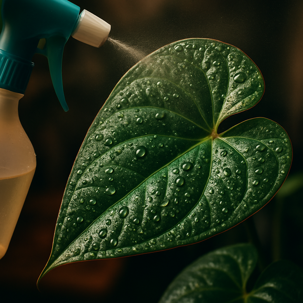 A close‑up of an anthurium leaf being misted with a magnesium sulfate solution, droplets glistening on the foliage. Alt: Magnesium supplement application for houseplants with magnesium deficiency