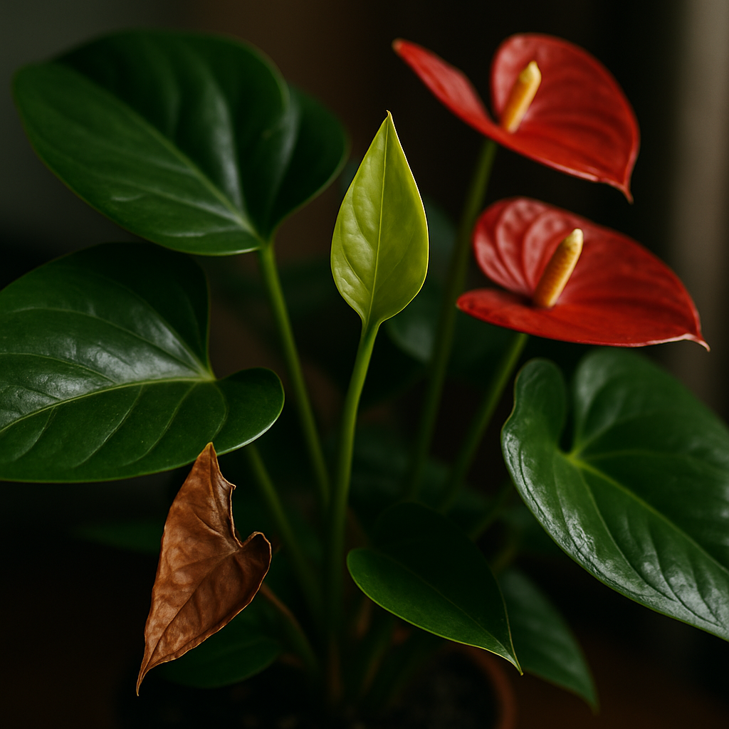 Close-up of a healthy anthurium plant with glossy green leaves and a few brown leaves trimmed away, showing post-treatment care. Alt: Caring for anthurium after spider mite treatment to promote healthy leaf regrowth.