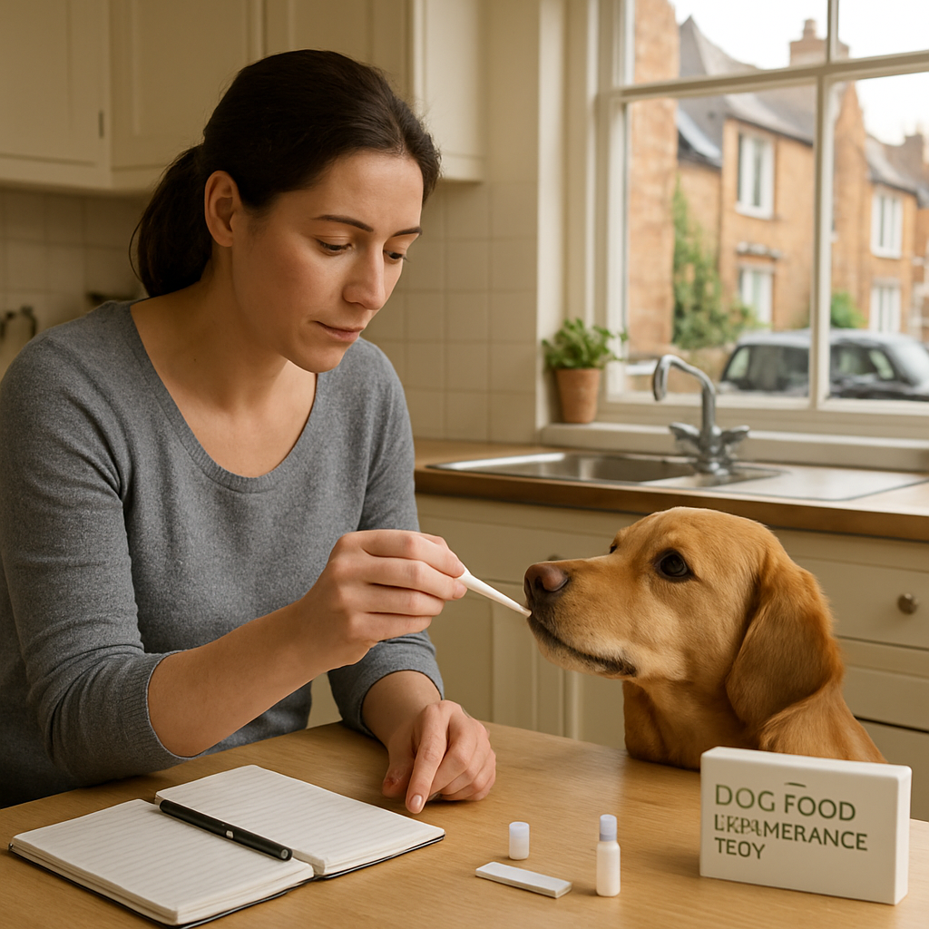 A realistic depiction of a dog owner at home taking a food sample from their pet, with a notebook, a test kit, and a British kitchen setting. Alt: dog food intolerance test at home