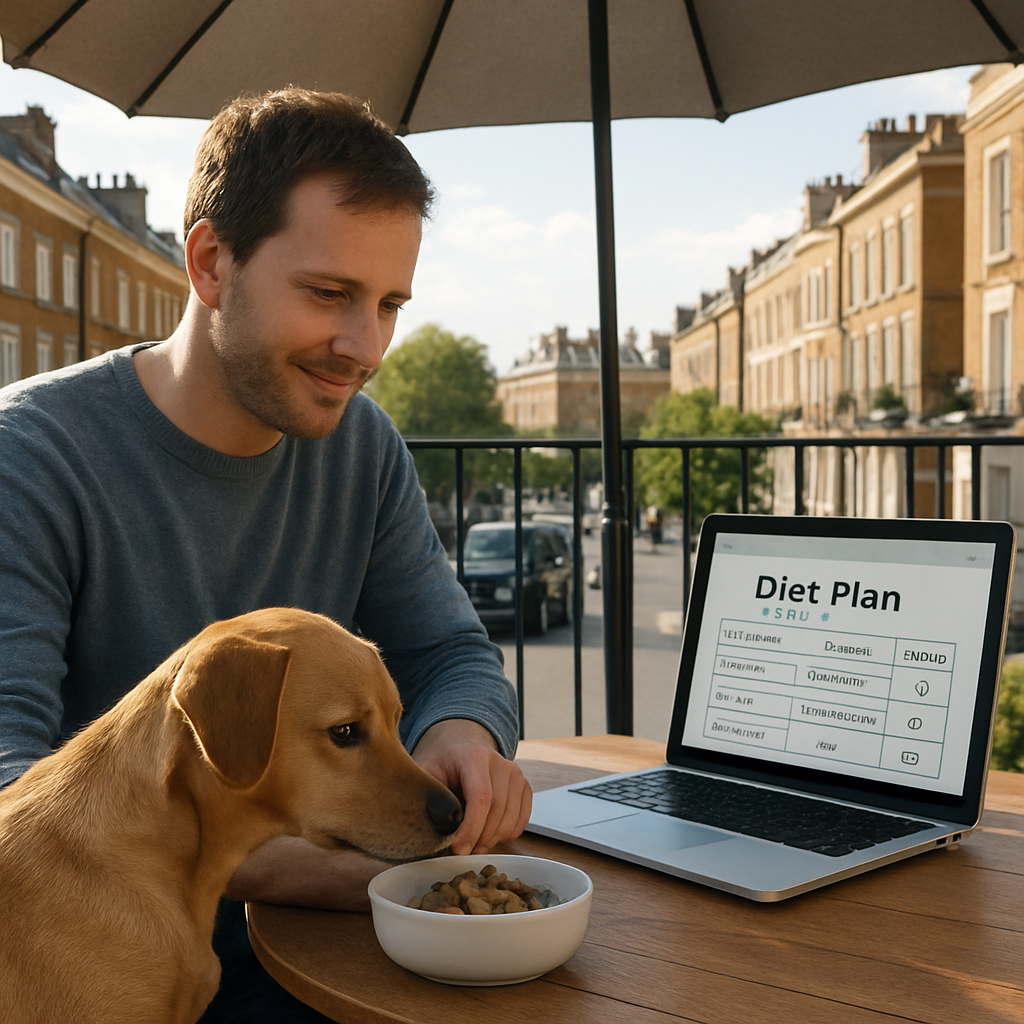A realistic photo of a dog owner at home, gently placing a small portion of food on a bowl beside a laptop showing a diet plan, with a sunny balcony in the background and a modern Umbrello patio umbrella casting shade. Alt: dog owner re‑introducing food at home