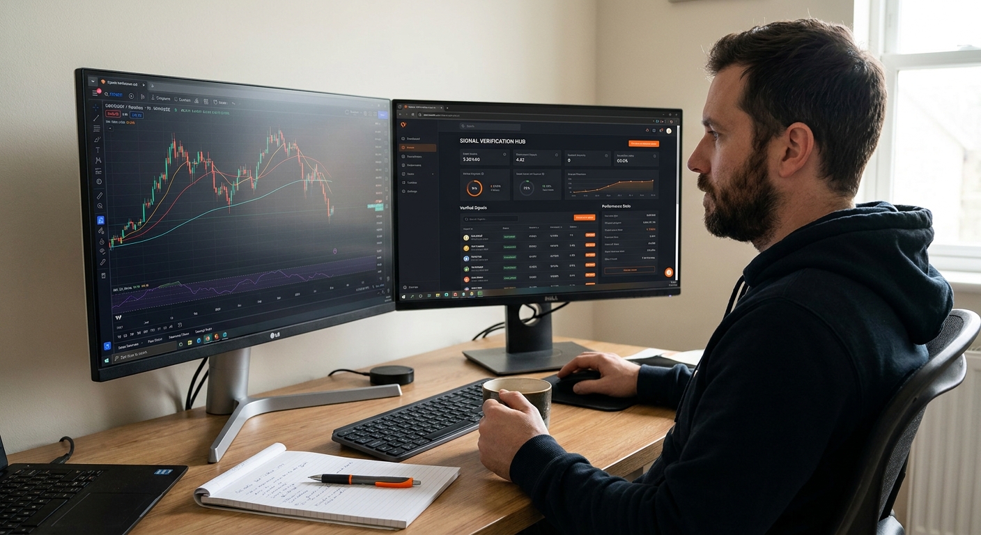 A realistic illustration of a trader reviewing signal verification tools on a dual-monitor setup, showing charts and a verification dashboard. Alt: forex signal verification platform