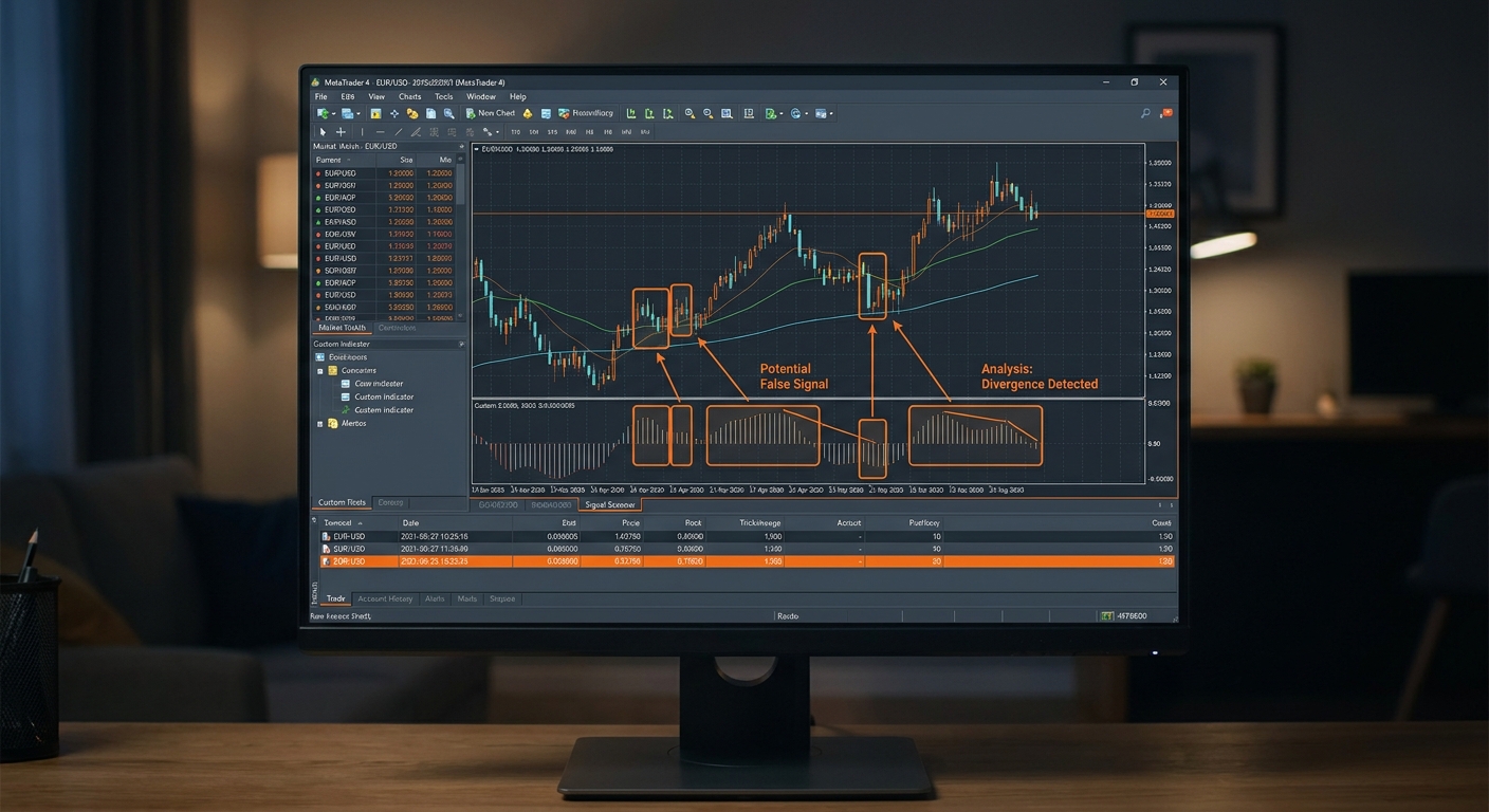A realistic screenshot of an MT4 chart with an automated tool highlighting suspicious signal screenshots, indicating analysis. Alt: MT4 signal scanner interface