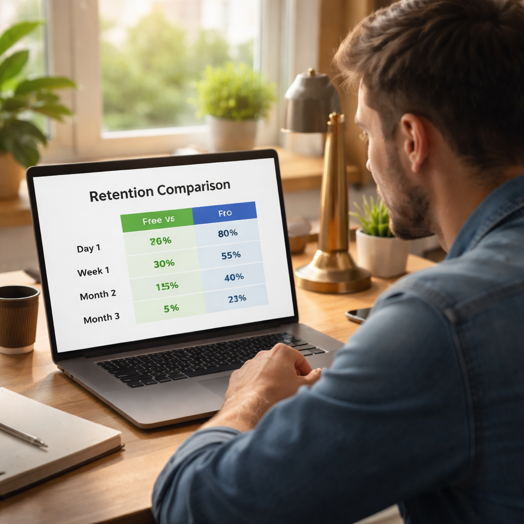 A photorealistic scene of a creator sitting at a desk, looking at a laptop screen displaying a simple comparison table with retention percentages, bright natural light, realistic style.