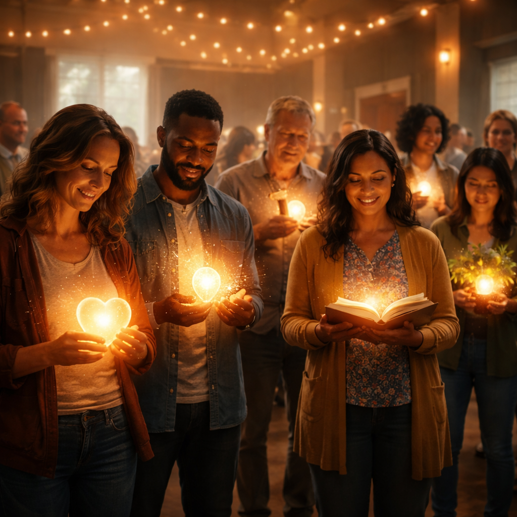 A cinematic scene of a diverse small group gathered in a bright church hall, one person standing confidently sharing a short devotion while others listen attentively, warm natural light filtering through stained‑glass windows, photorealistic depth of field, inviting atmosphere. Alt: Testing spiritual gifts in a community setting with supportive listeners.