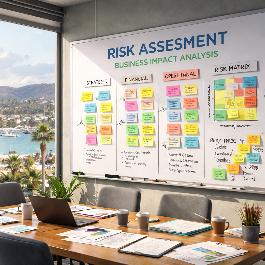 A realistic office scene in Monterey with sticky notes on a whiteboard showing risk categories, alt: risk assessment and business impact analysis visual