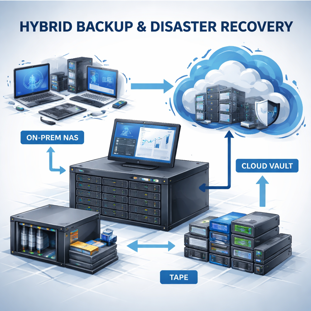 Realistic illustration of a hybrid backup system with on‑prem NAS, cloud vault, and tape, alt: hybrid backup and disaster recovery diagram