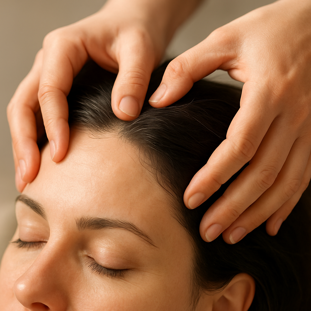 A close‑up of a hand performing a gentle scalp massage on a relaxed person, showing fingertip circles and light tapping. Alt: Scalp massage technique to improve blood circulation in scalp