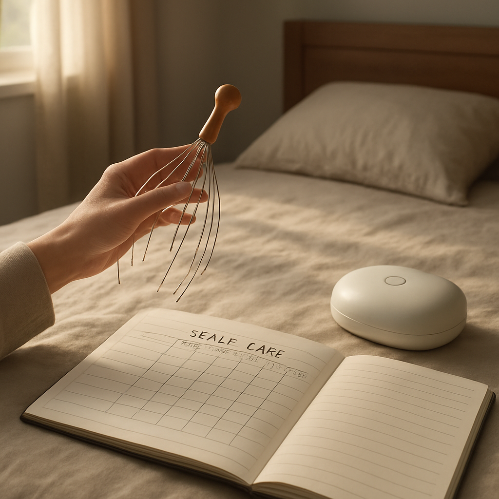 A calm bedroom scene with a person holding a scalp massager, a notebook open showing a simple progress table, and soft morning light streaming in. Alt: tracking scalp circulation routine with journal and device