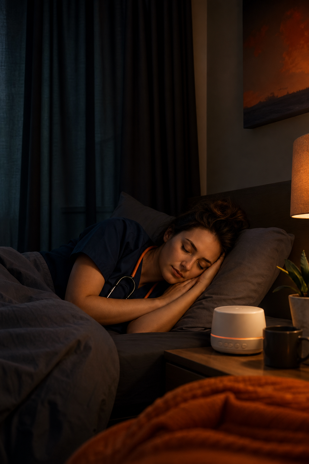 A nurse sleeping in a dark room with a white noise machine and blackout curtains. Cinematic, restful atmosphere. Alt: Clinician prioritizing rest with a proper sleep environment to improve resilience.