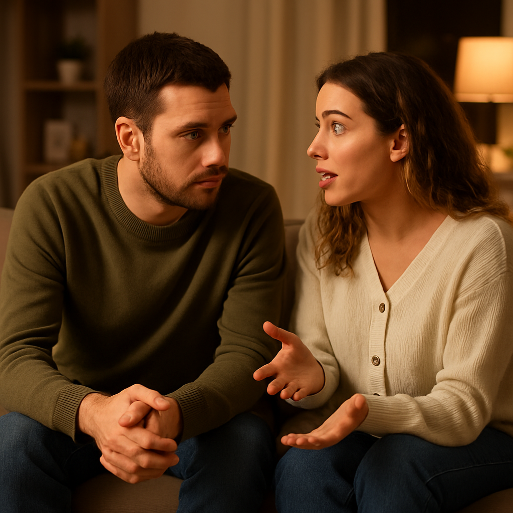 A couple sitting on a cozy couch, one partner leaning forward with attentive expression, the other speaking, warm lighting, subtle background of a living room. Alt: Couple practicing active listening for better communication