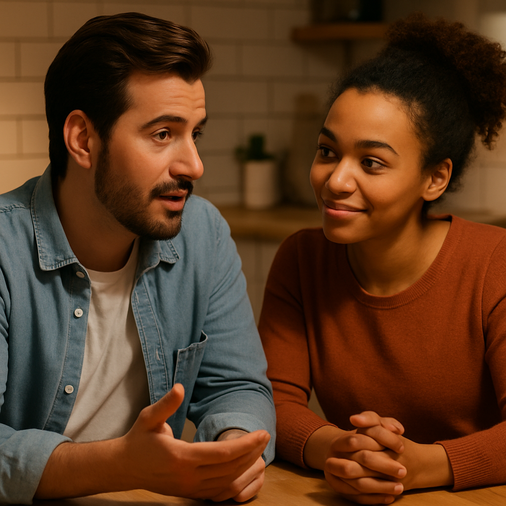 A couple sitting at a kitchen table, one partner speaking calmly while the other listens with open body language, warm lighting, close-up of their faces showing empathy. Alt: Couple using I-Statements to improve communication in a relationship.