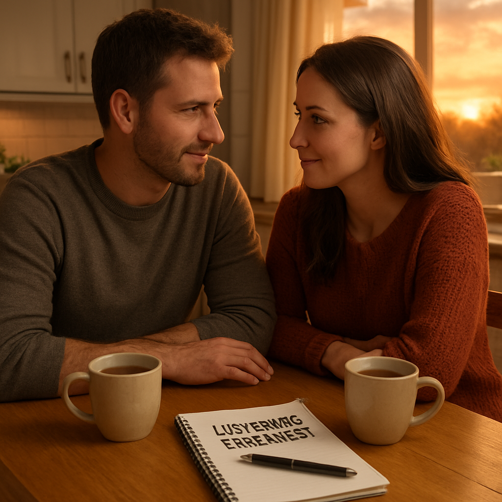 A cozy kitchen table at sunset with two cups of tea, a notebook titled “Listening Checklist,” and a couple leaning in, eyes focused on each other. Alt: Open listening habits for couples improving communication in marriage