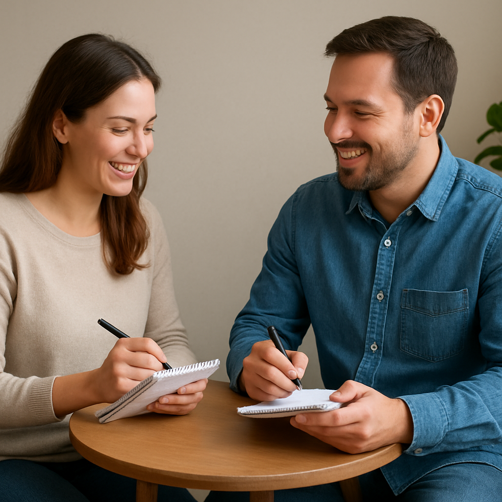 A couple sitting at a small table, each holding a notepad, smiling as they practice a conflict‑resolution script together. Alt: Structured conflict resolution techniques for couples improving communication in marriage