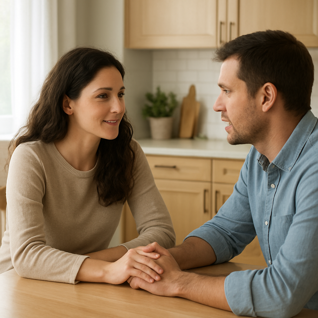 A couple sitting at a kitchen table, holding hands while talking, soft natural light. Alt: couples communicating openly to improve emotional intimacy