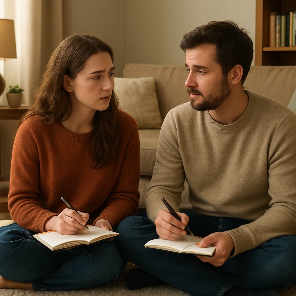 A cozy living‑room scene with a couple sitting on a soft rug, each holding a notebook, looking attentive and vulnerable. Alt: Couple sharing vulnerabilities safely in a comfortable home setting.