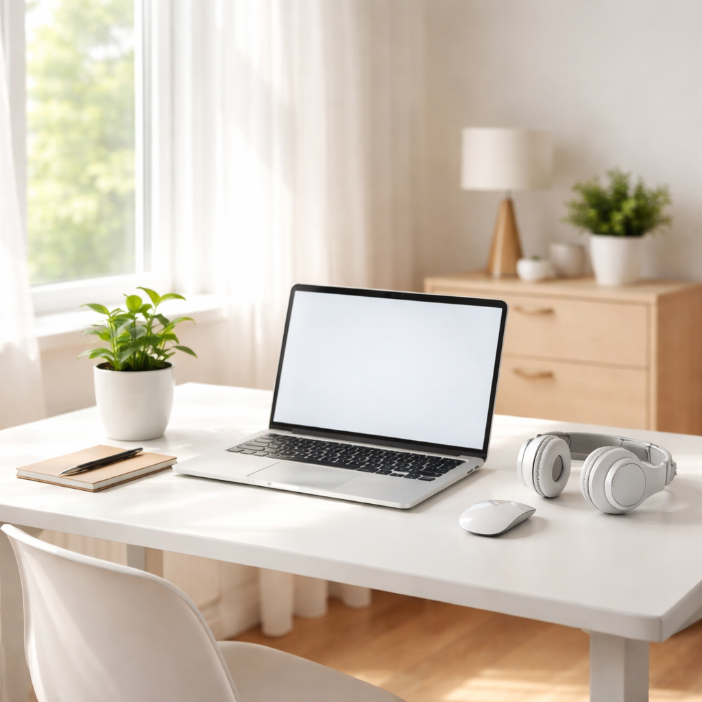 A bright, minimal home office with a clean desk, a laptop, a small plant, and a pair of headphones, sunlight streaming in from a window. Alt: Distraction‑free workspace for improving focus