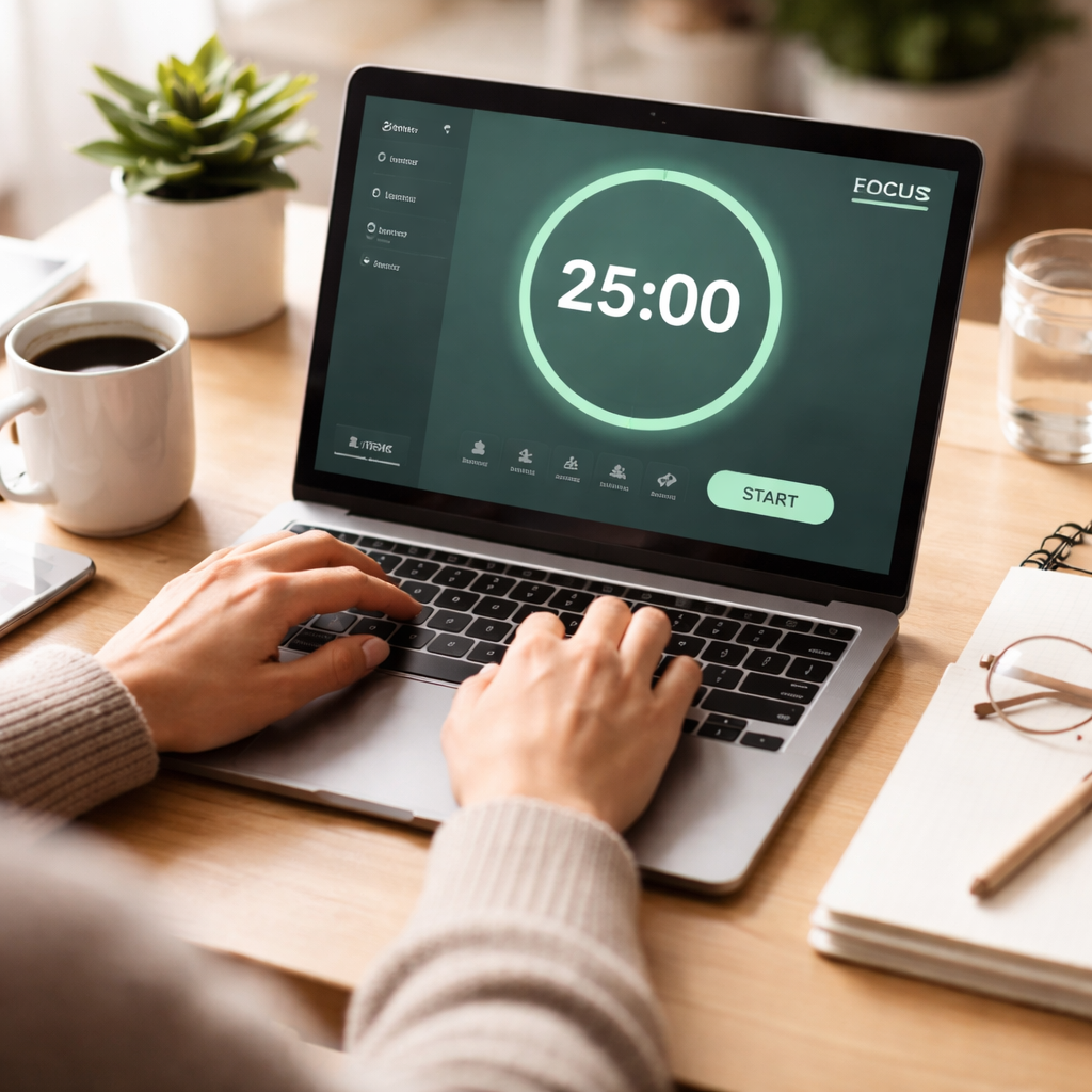 A person using a focus‑enhancing app on a laptop with a timer, coffee mug beside, showing a clean workspace. Alt: Focus‑enhancing tools and apps for productivity.