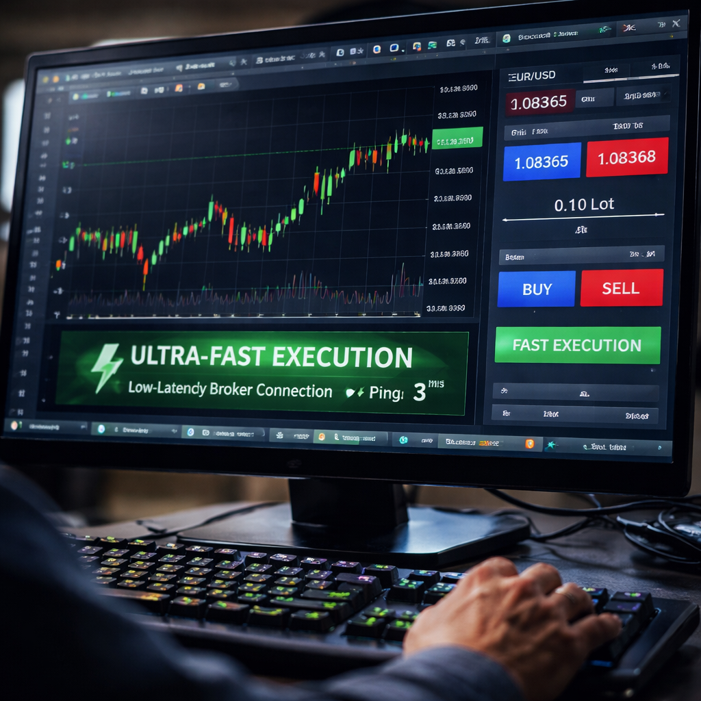 A photorealistic scene of a trader's computer screen showing a forex trading platform with a low‑latency broker connection status, realistic lighting, focus on fast order execution indicators. Alt: Forex trade execution speed visual.
