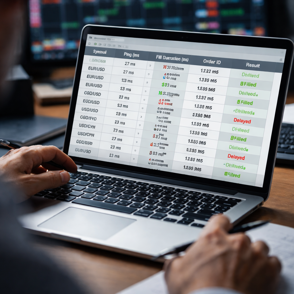 A photorealistic scene of a trader reviewing a spreadsheet on a laptop, showing ping times and fill durations, realistic lighting, focus on data rows, Alt: Monitoring forex trade execution speed with a spreadsheet.