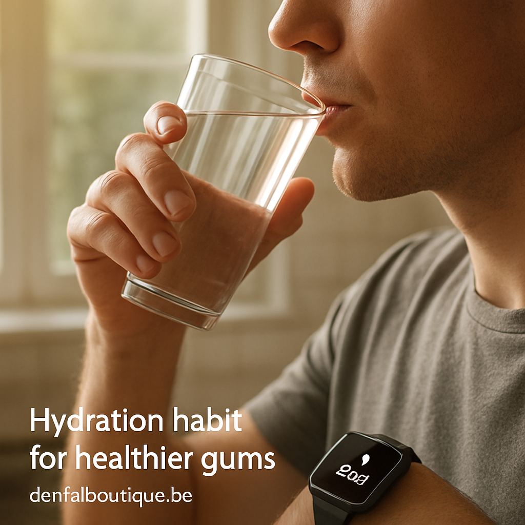 A photorealistic close‑up of a person drinking a glass of water while holding a smartwatch that shows a step count, with a soft morning light filtering through a kitchen window, highlighting the simple act of staying hydrated as part of daily gum‑health routine. Alt: Hydration habit for healthier gums in realistic style.