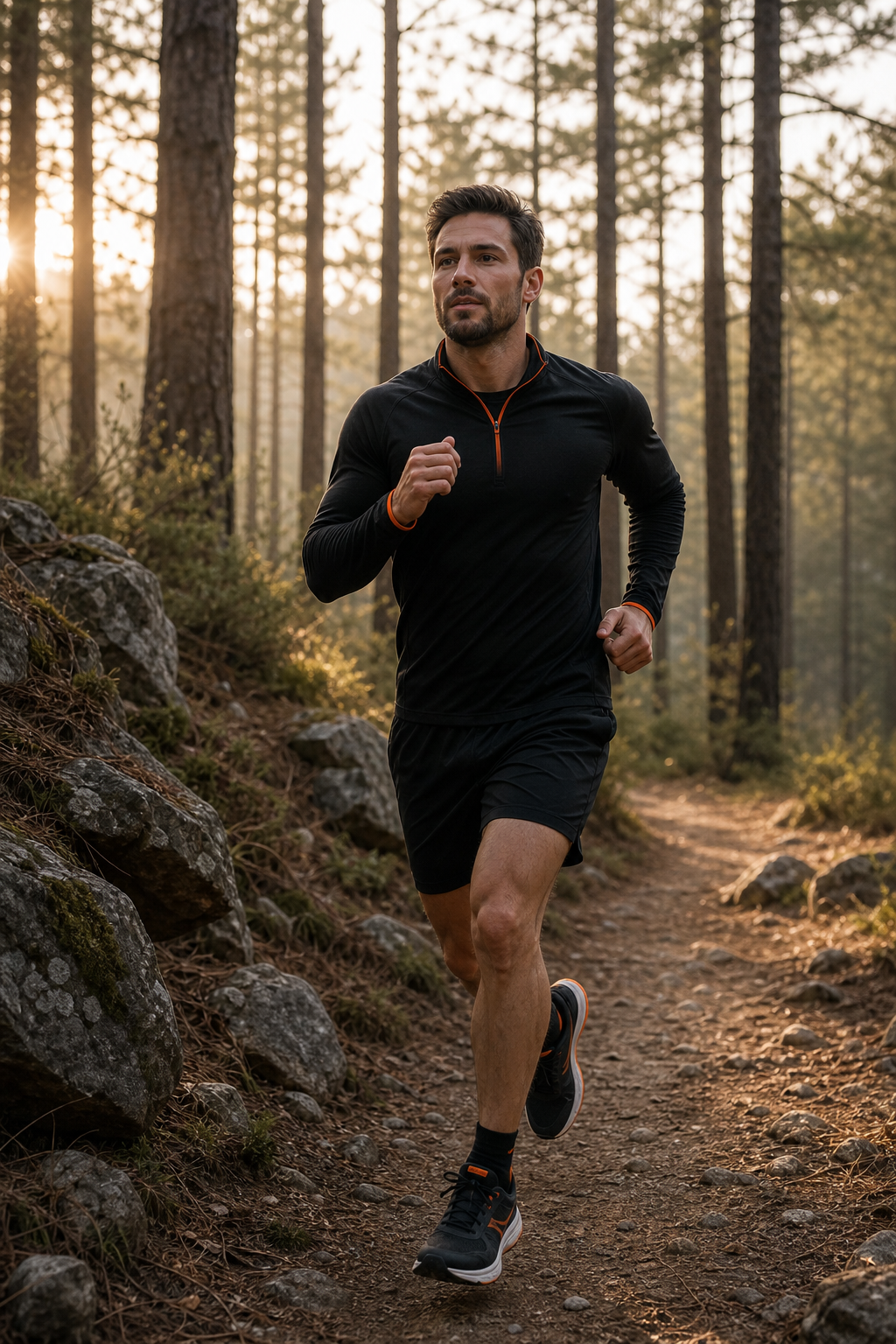 A realistic scene of a man running outdoors on a trail through a forest in the early morning light, wearing athletic gear, with natural light filtering through the trees. Alt: man running outdoors to build cardiovascular fitness for sexual endurance.