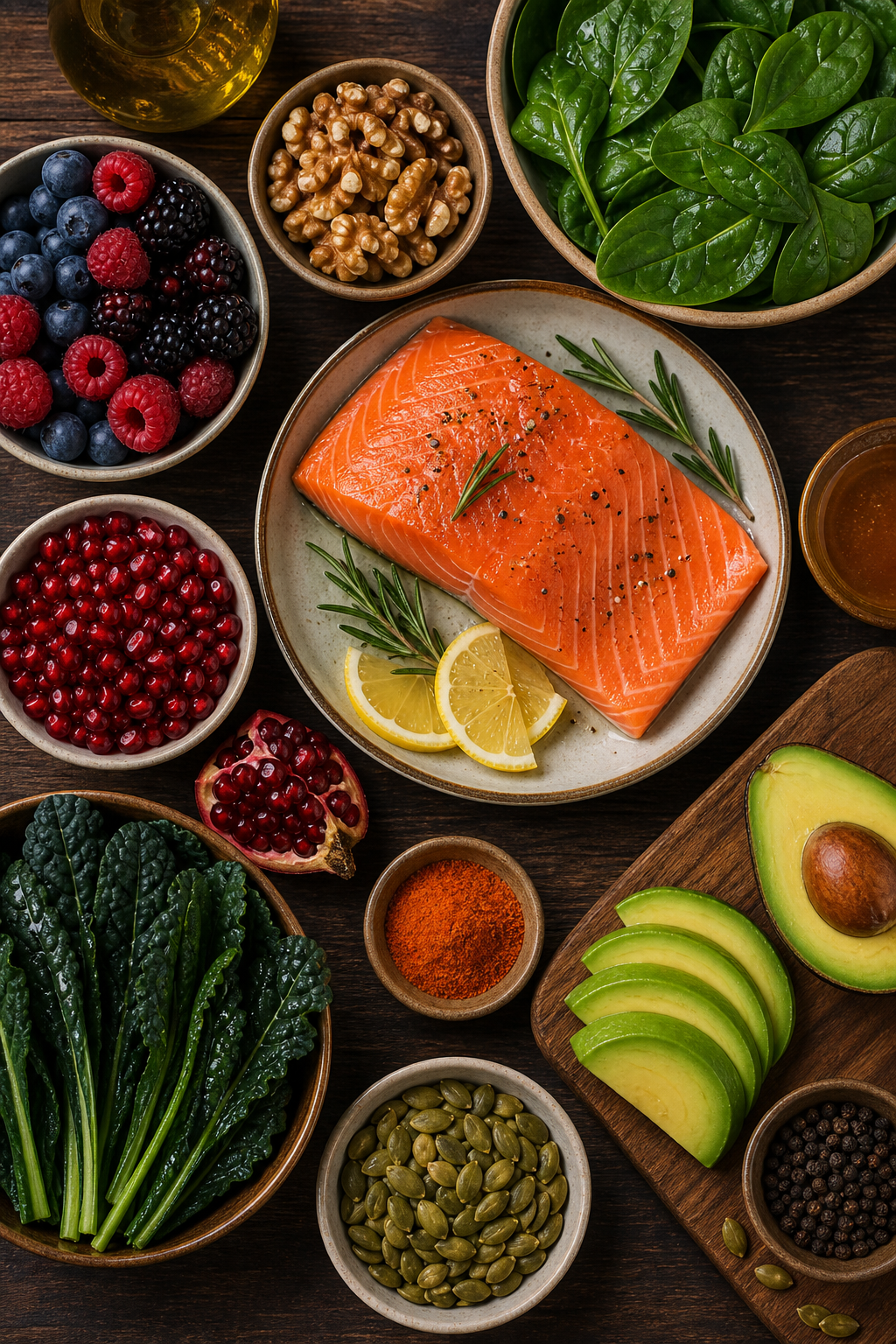 A realistic top-down photo of a wooden table spread with heart-healthy foods including dark leafy greens, berries, walnuts, salmon fillet, avocado slices, and pomegranate seeds, in warm natural lighting. Alt: heart-healthy foods that improve blood flow and male sexual endurance.