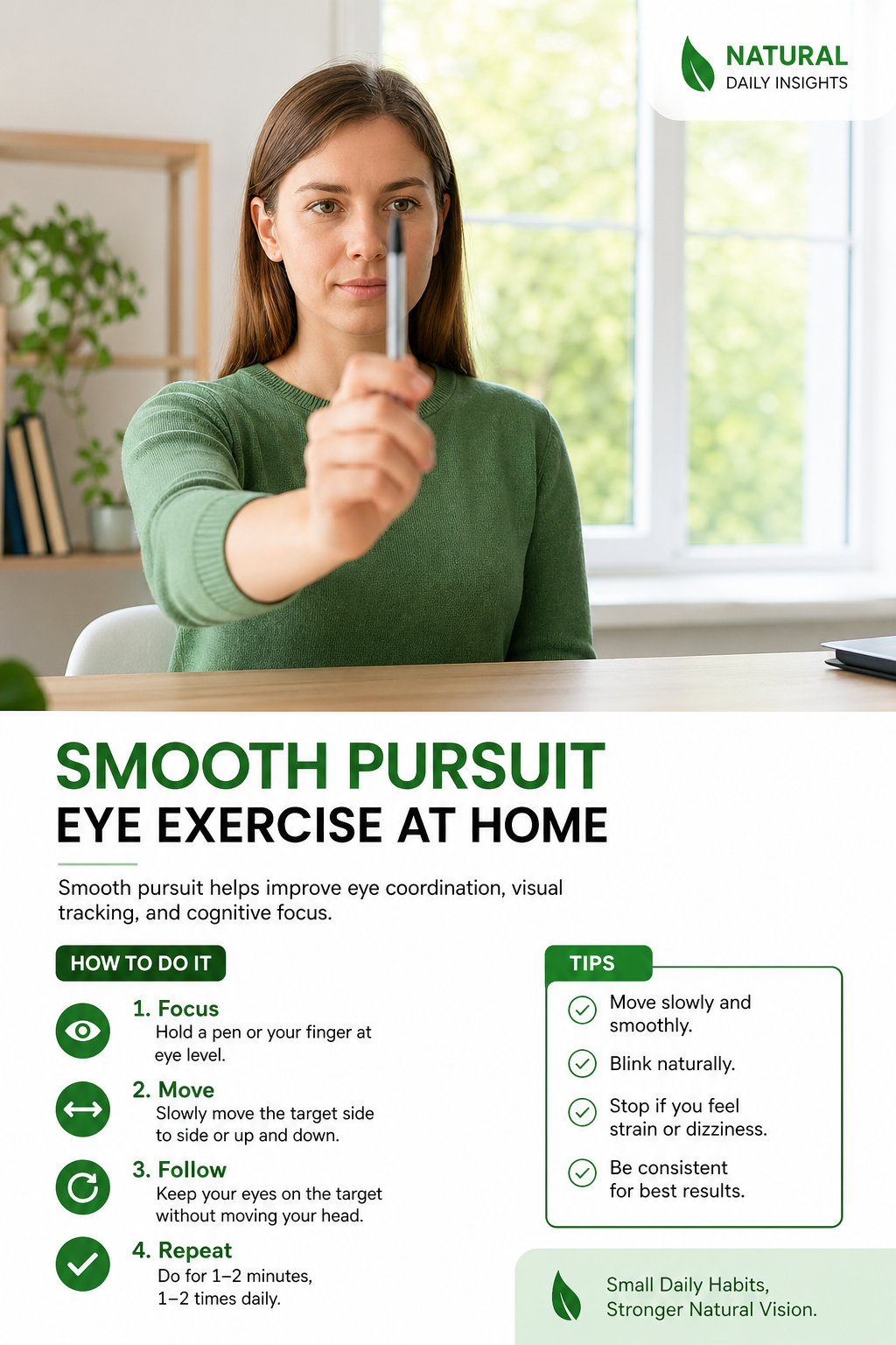 A photorealistic view of a person sitting at a desk, eyes focused on a moving target like a pen or finger, with a bright window in the background. Alt: Smooth pursuit eye exercise at home