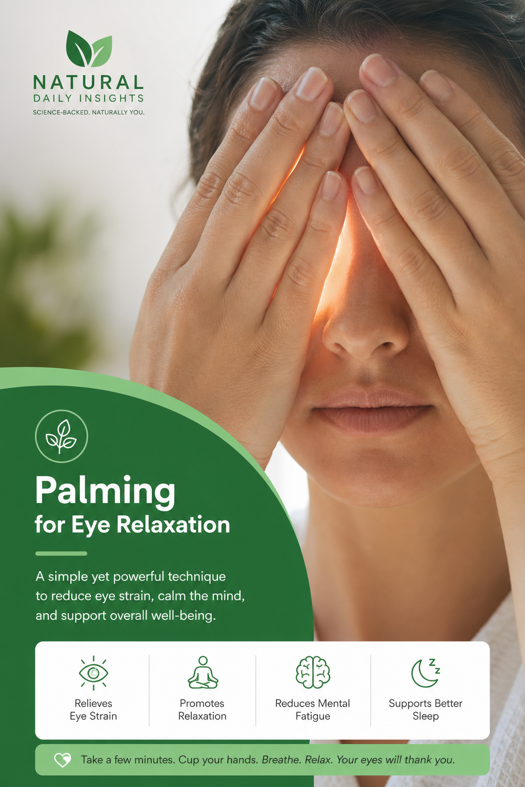 A close-up of hands gently cupping over closed eyes, with soft natural light streaming through fingers. Alt: Palming technique for eye relaxation
