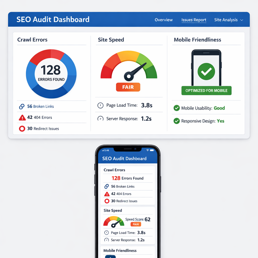 A clean, modern desktop and mobile view of a website audit dashboard showing crawl errors, speed scores, and mobile friendliness. Alt: SEO audit dashboard with technical issues highlighted.