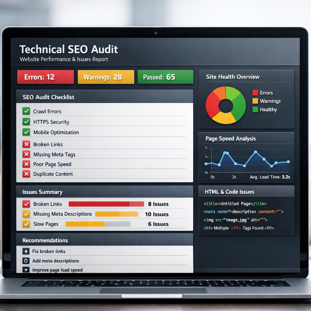 A modern laptop screen displaying a technical SEO audit dashboard with graphs, checkboxes, and code snippets. Alt: Technical SEO audit checklist for improving website SEO.