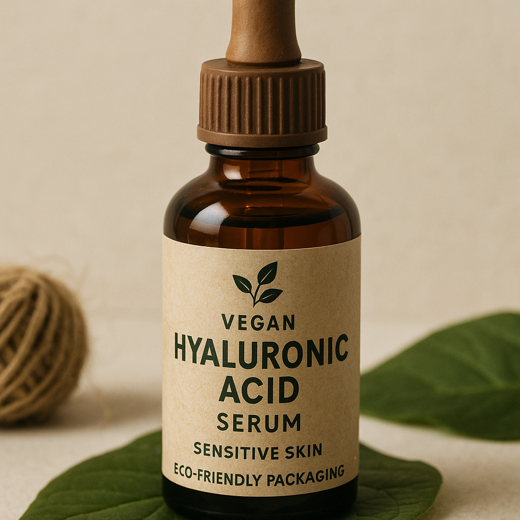 Close-up of eco-friendly packaging for a vegan hyaluronic acid serum, emphasizing sustainability and gentle skincare commitment. Alt: How to incorporate vegan hyaluronic acid serum into a sensitive-skin routine, sustainable packaging.