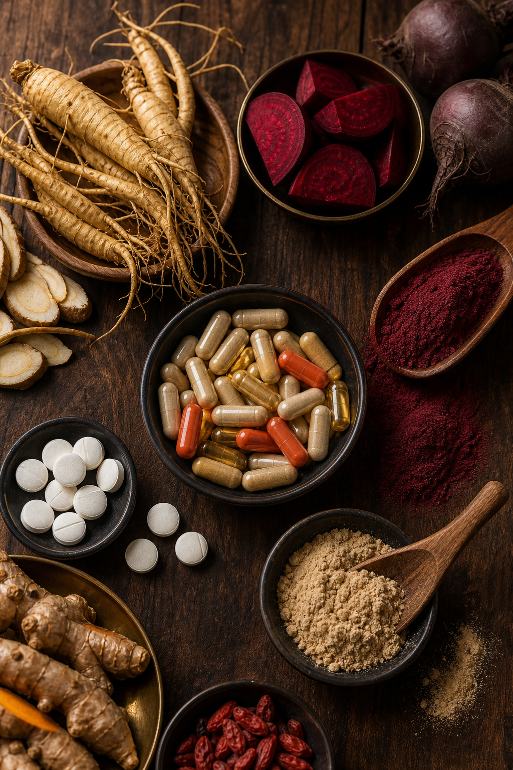 An overhead shot of supplement capsules and raw ingredients like ginseng root, zinc tablets, and beetroot powder on a wooden surface. Alt: Natural supplement ingredients for blood flow.