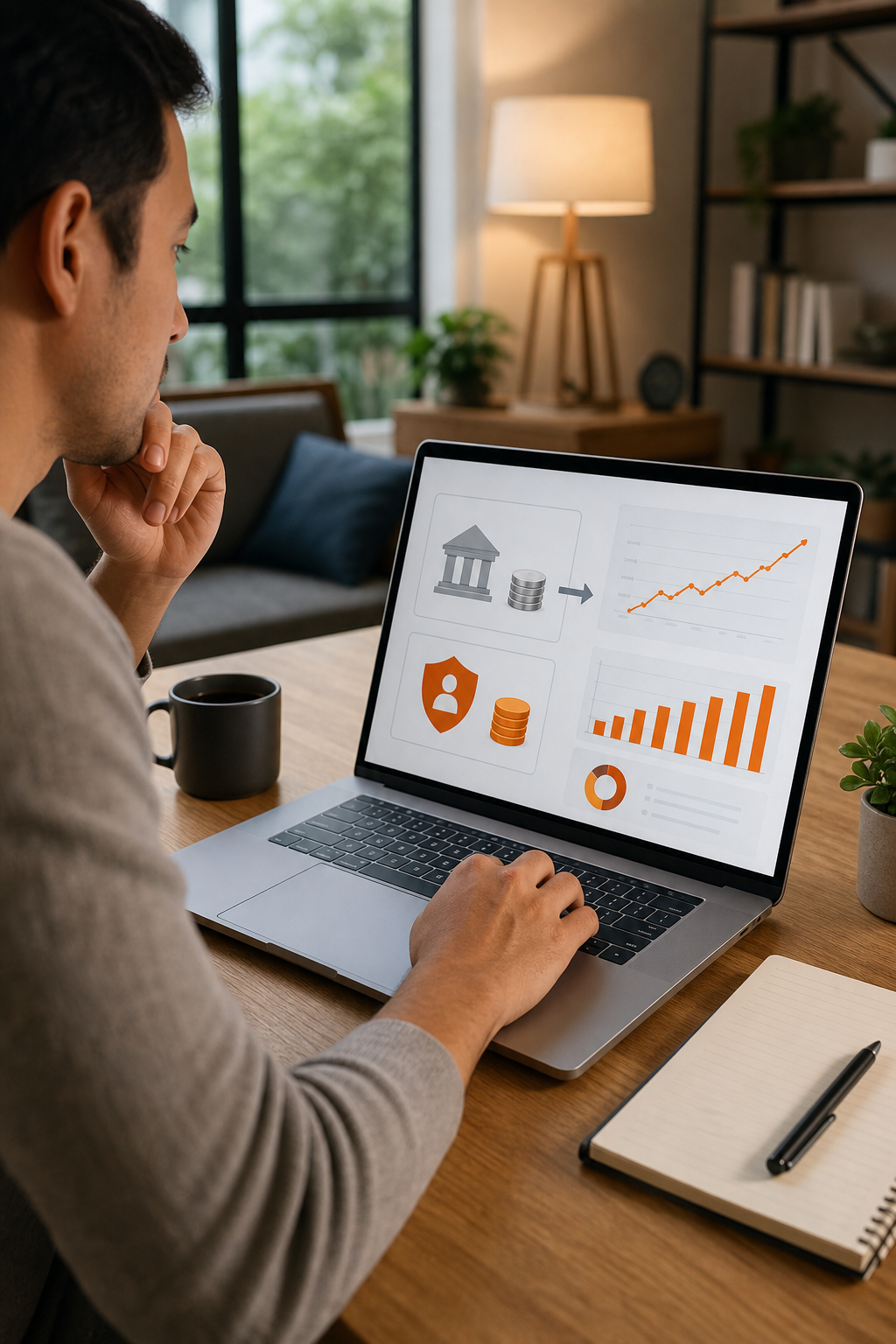 A person transferring money from a savings account to an insurance policy on a laptop, with charts showing growth, realistic style. Alt: Person max-funding an IUL policy online to increase cash value.