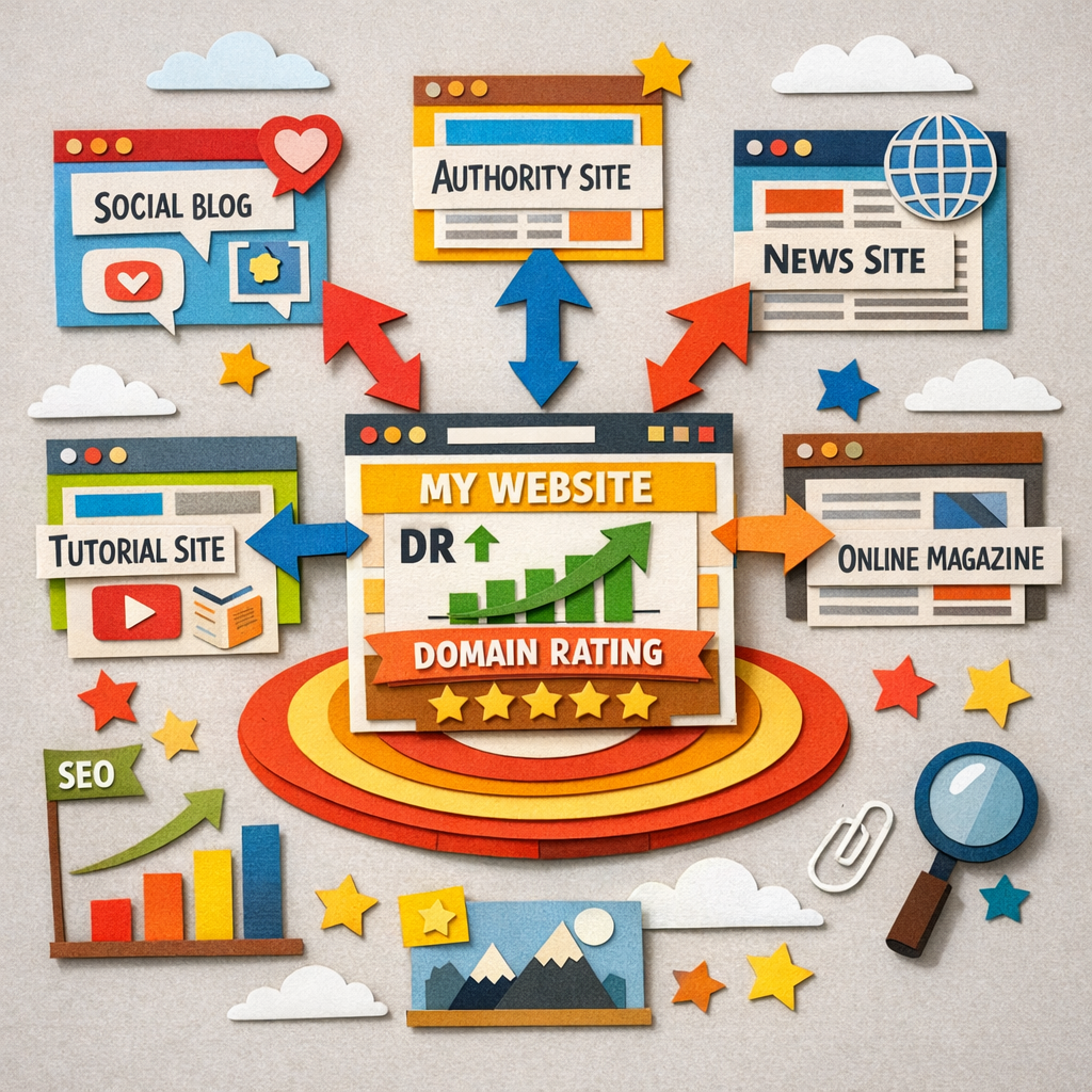A Papercraft illustration of a web of interconnected websites with arrows pointing to a central site, representing high‑quality backlinks boosting domain rating. Alt: Diagram of backlink network increasing domain rating.