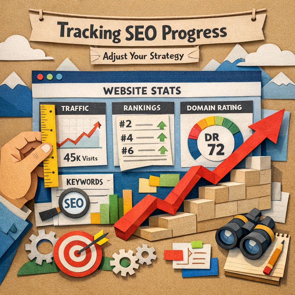 A Papercraft scene of a hand holding a ruler and a graph arrow climbing upward, showing a website dashboard with traffic, rankings, and domain rating stats. Alt: Visual guide to tracking SEO progress and adjusting strategy
