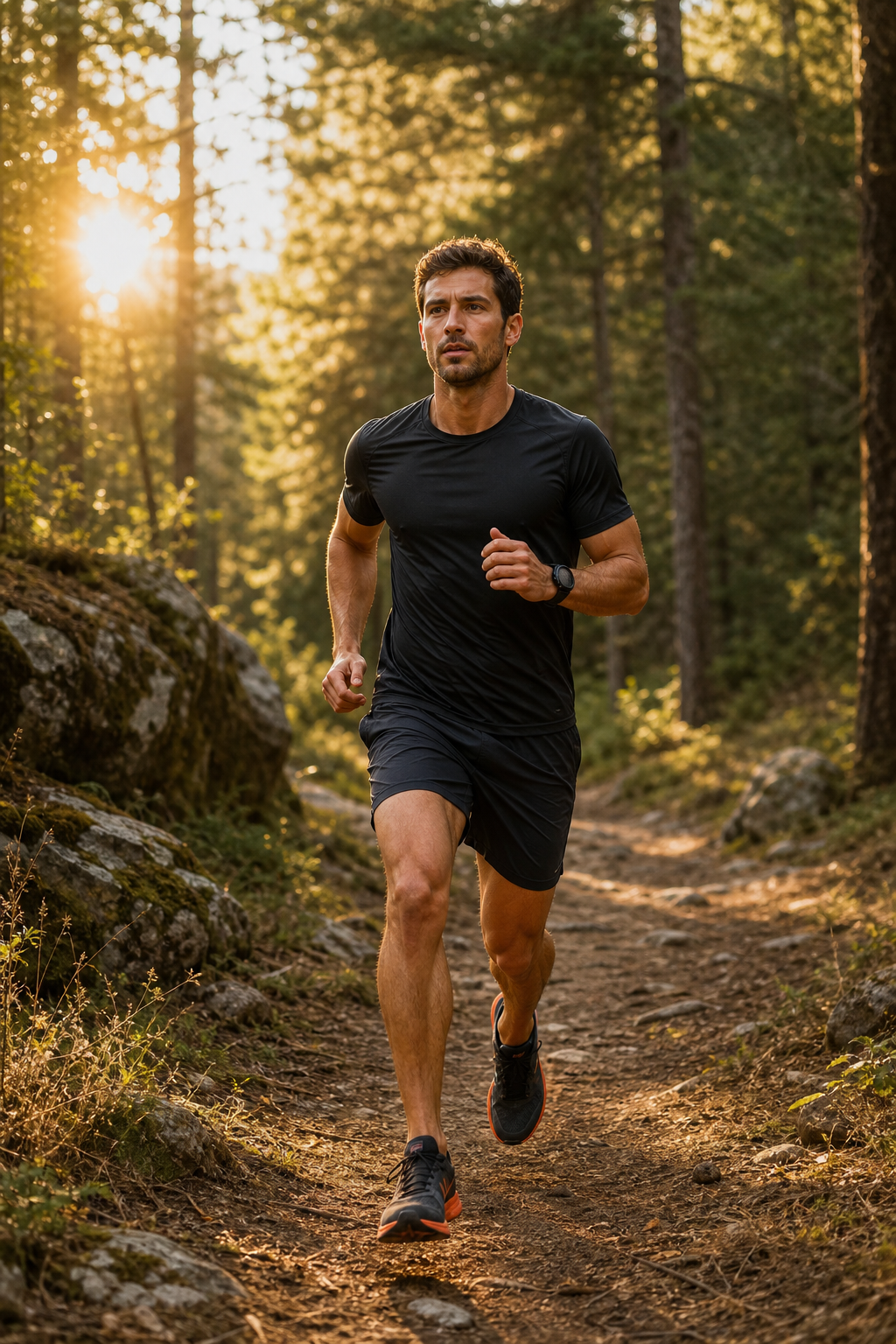 A man running on a sunlit trail through a forest, wearing athletic gear, captured in motion with a natural environment filling the frame. Alt: man building cardiovascular stamina by running outdoors on a forest trail.