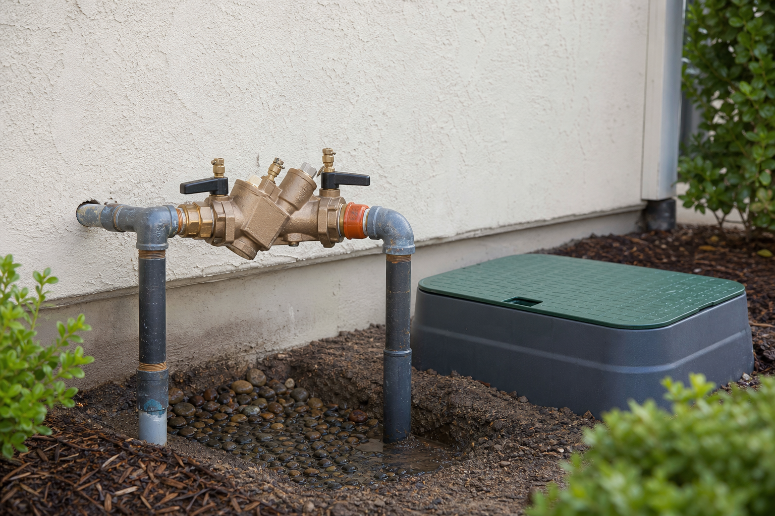 backflow preventer installation location beside a residential water line.