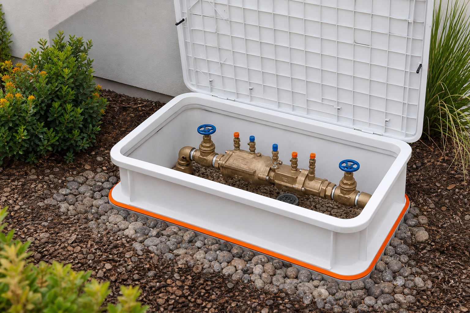 protective backflow preventer box with accessible test ports.