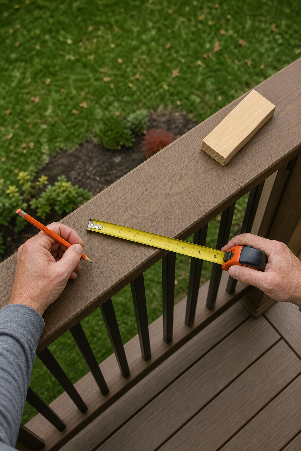 A photorealistic overhead shot of a deck railing section with a tape measure and pencil marking baluster positions on the top rail. A wooden spacer block sits nearby. Alt: Measuring and marking deck baluster spacing on top rail.