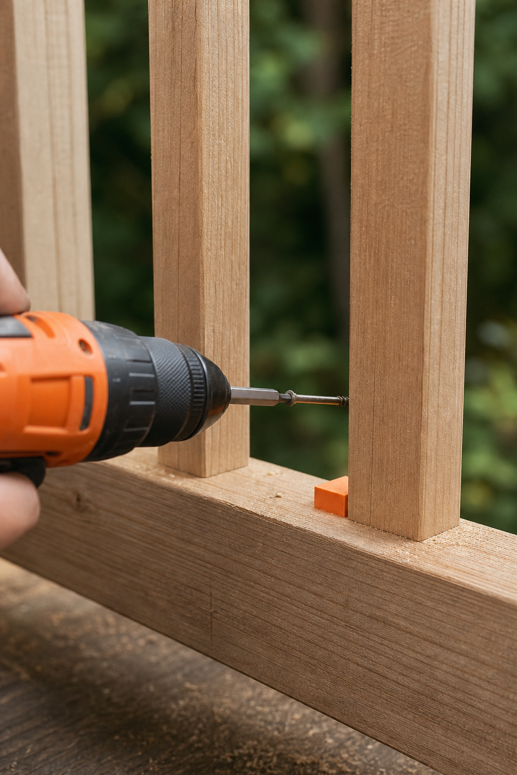 A close-up of a drill driving a screw into a wood baluster through a pilot hole, with a spacer block visible between two installed balusters. Alt: Attaching deck balusters with spacer and drill.
